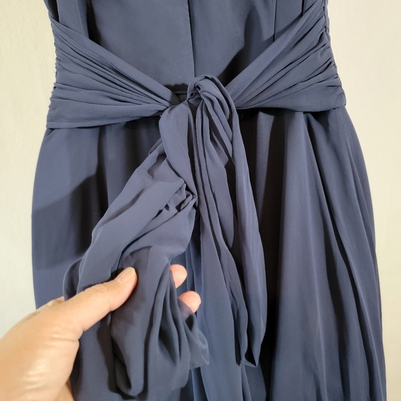 David's Bridal Blue Navy Maxi Dress Sz 8 Surplice Neck Tie Back Pleated Wedding - Picture 7 of 12